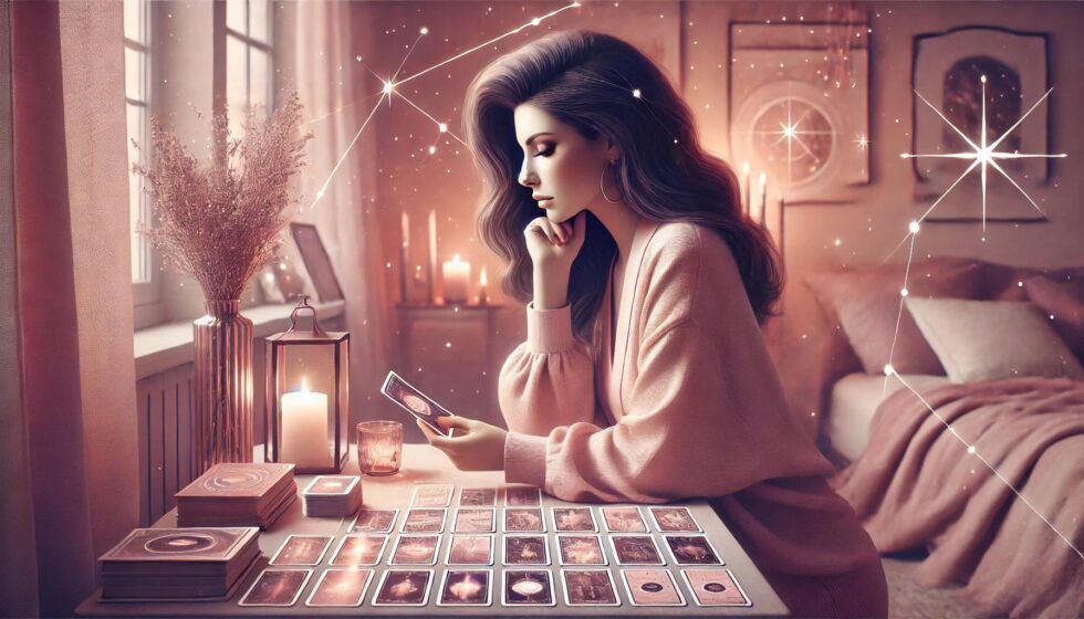 Femme avec deck de tarot de marseille