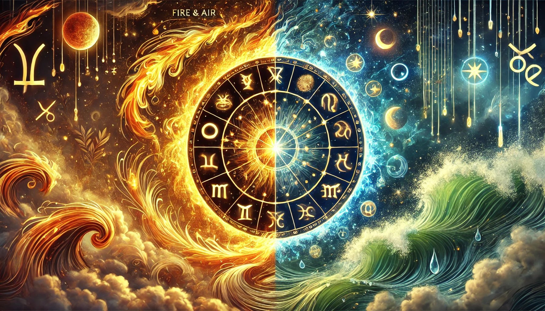 zodiac compatibility 2025 of four elements—Fire, Earth, Air, and Water a guide by Esmeralda.chat