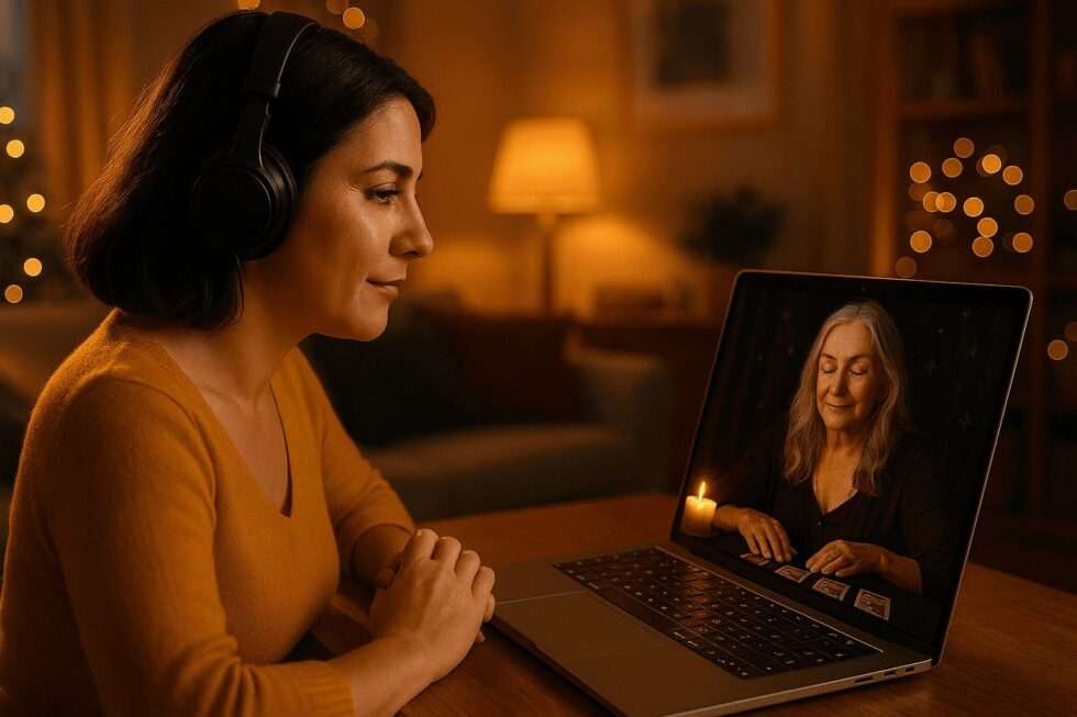 Woman receiving a live tarot reading from an online psychic via video call in a warmly lit living room, surrounded by soft lighting and fairy lights, creating a serene and spiritual atmosphere.