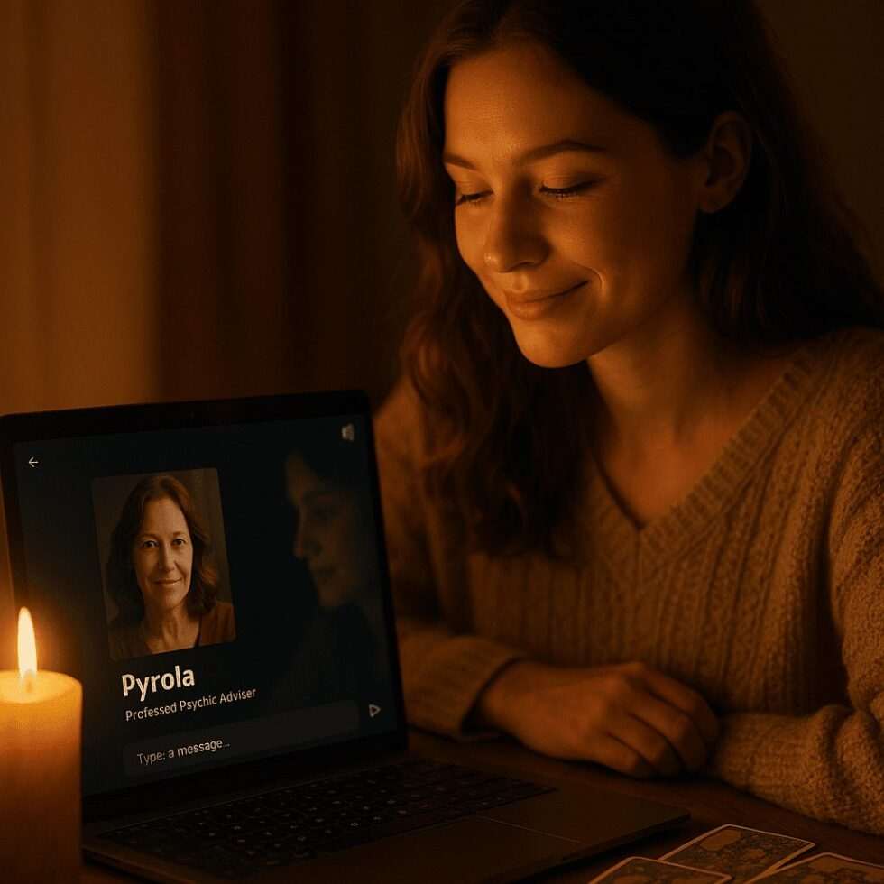  A young woman smiles gently during a warm candlelit psychic chat, connecting with a realistic-looking advisor named Pyrola on her laptop screen