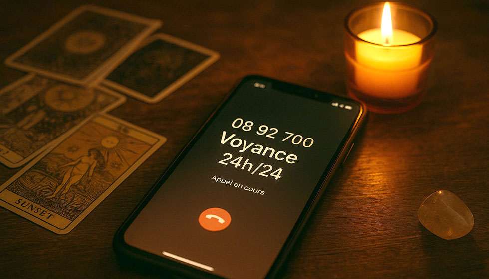 Smartphone affichant un numéro surtaxé de voyance, posé sur une table avec des cartes et une bougie.