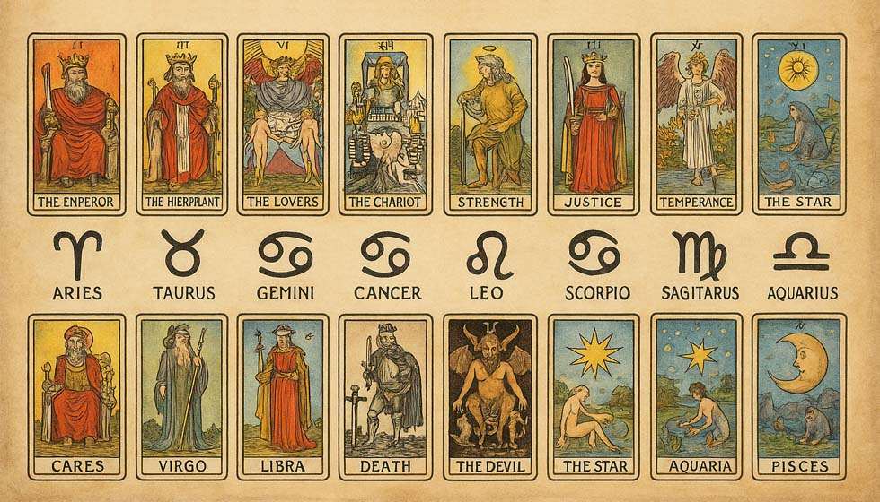 Tableau illustré avec 12 arcanes majeurs associés aux 12 signes du zodiaque.