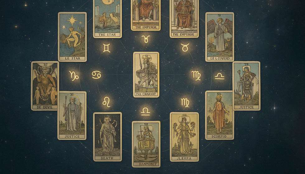 Illustration montrant un cercle zodiacal fusionné avec un jeu de tarot étalé sur un fond étoilé