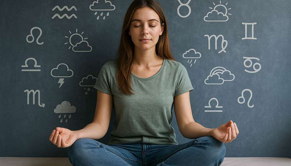 Femme méditant sous un ciel changeant, zodiaque en arrière-plan.