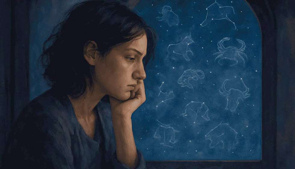 Personne pensive regardant à travers une fenêtre étoilée, ambiance symbolique et émotionnelle liée au zodiaque