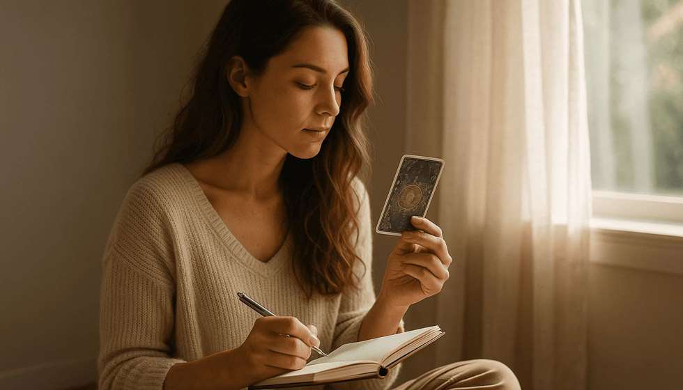 Femme contemplant une carte tirée au réveil, carnet à la main, lumière naturelle et atmosphère calme.