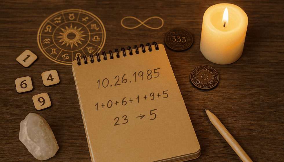 Cahier de notes ouvert avec une date de naissance, entouré de symboles numérologiques et d’une bougie