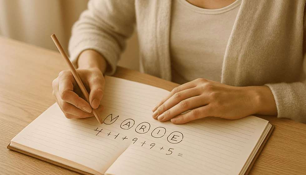 Carnet ouvert avec prénom manuscrit et lettres entourées de chiffres, ambiance douce et concentrée