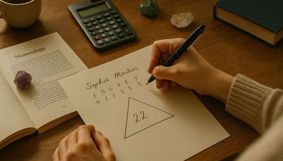 Personne assise à un bureau en train de noter les valeurs des lettres de son prénom et de son nom pour calculer un triangle numérologique.