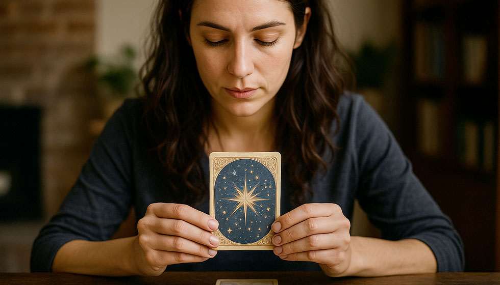 Femme concentrée observant une carte d’oracle dans ses mains