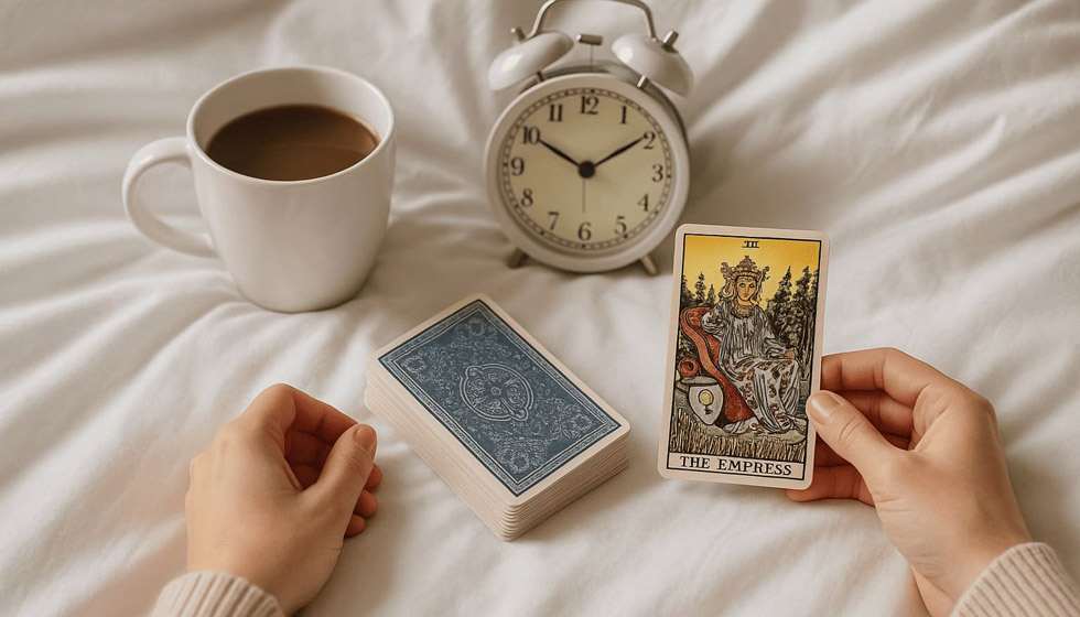 Jeu de tarot ouvert, carnet et tasse chaude sur une table de bois, ambiance paisible du matin