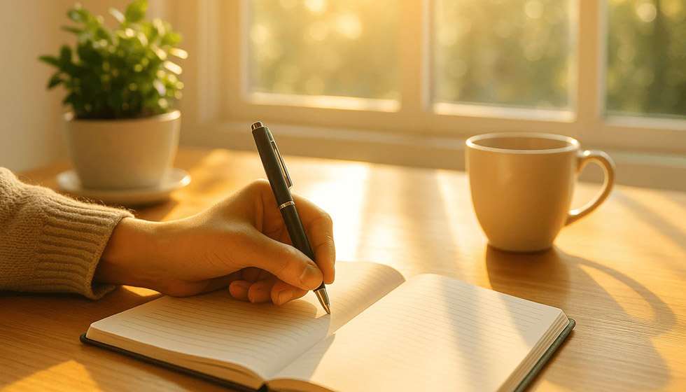 Carnet, stylo et café sur une table lumineuse, avec fond de fenêtre ensoleillée, symbolisant l’inspiration mentale et l’écriture intuitive