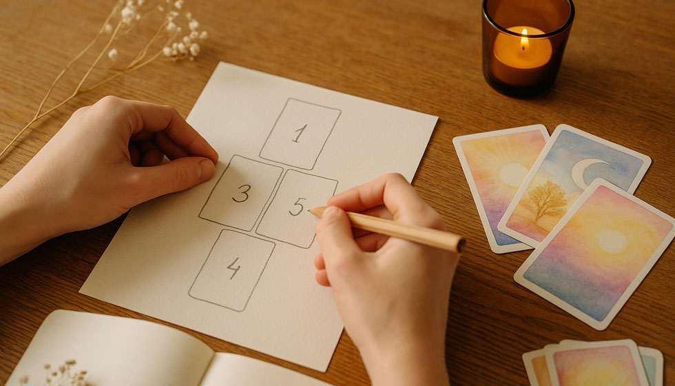 Mains en train de dessiner un tirage sur une feuille, oracle coloré posé à côté.