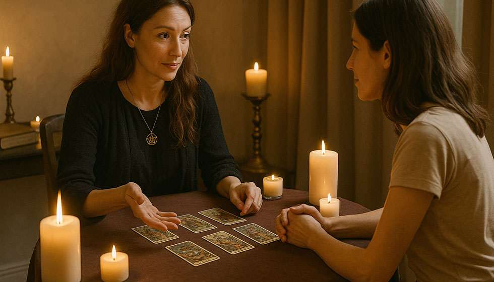 Table de voyance avec bougies, cartes et deux personnes en discussion.
