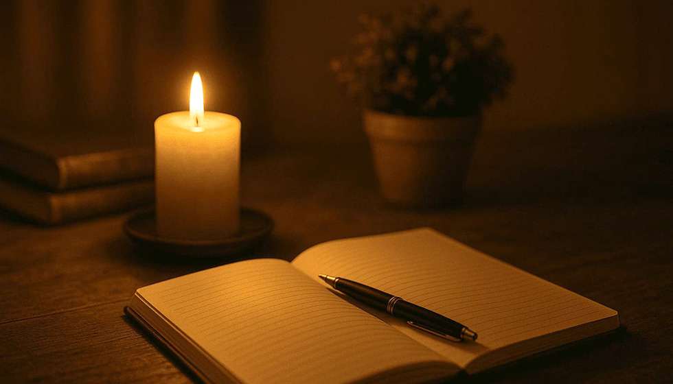 Intérieur calme avec bougie allumée, carnet ouvert et lumière chaude, propice à l’introspection