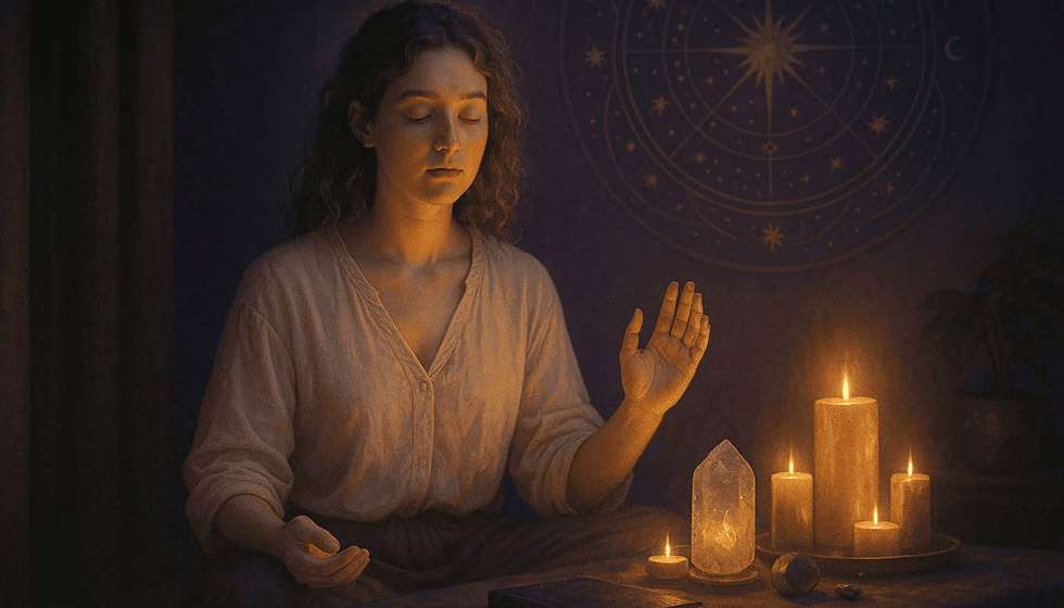 Personne en méditation, entourée de symboles énergétiques, travaillant sur son ressenti émotionnel et son intuition