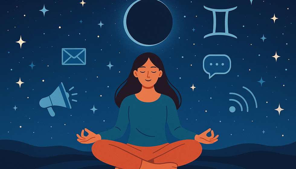 Femme méditant sous la Nouvelle Lune en Gémeaux, entourée de symboles de communication.