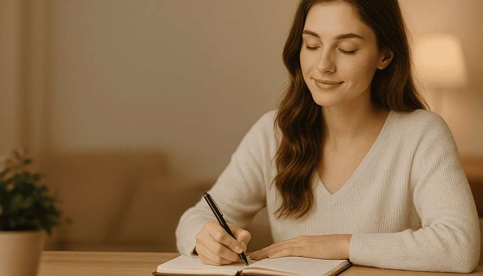 Jeune femme méditant dans un décor lumineux et naturel, entourée d’une atmosphère paisible et introspective