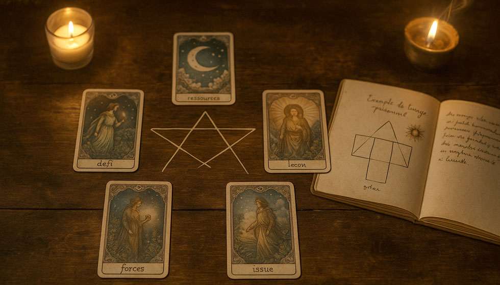 Table avec 5 cartes disposées en forme d’étoile et légende manuscrite.