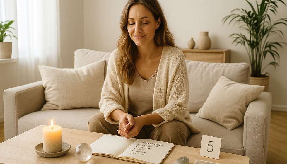 Femme posée dans un salon lumineux, entourée d’éléments symboliques et d’un carnet de notes