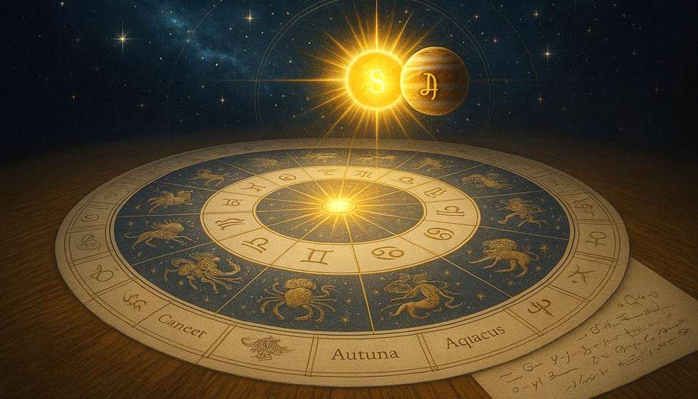 Carte astrologique illustrant la conjonction Soleil Jupiter et les douze signes du zodiaque