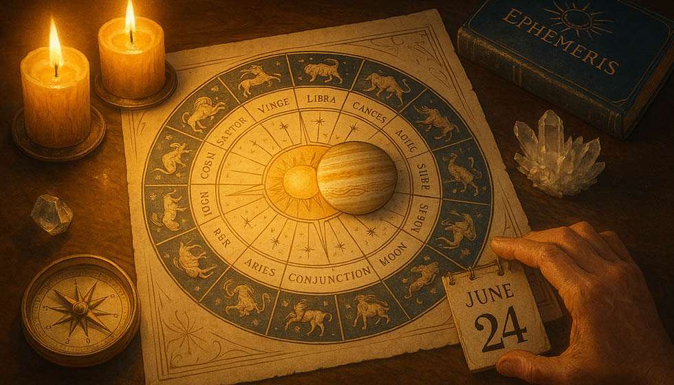 Carte astrologique illustrant la conjonction Soleil Jupiter et les douze signes du zodiaque