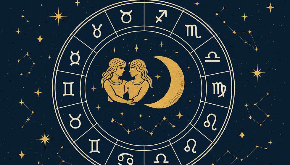 Roue astrologique illustrant les influences de la Nouvelle Lune en Gémeaux sur les douze signes.