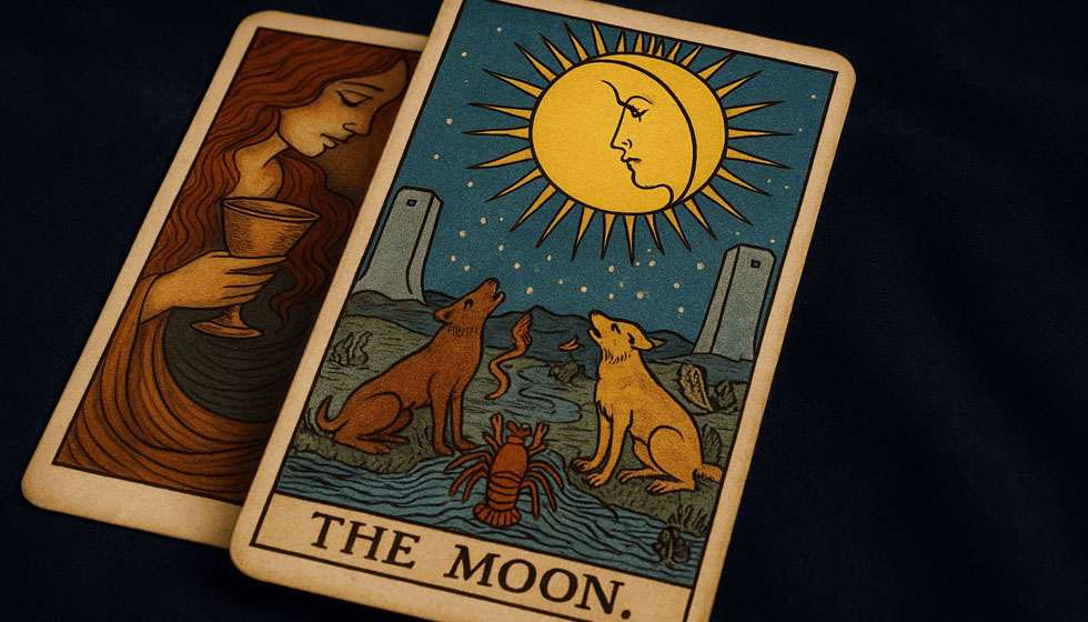 Tirage de tarot posé sur une nappe sombre avec des mains hésitantes, illustrant une ambiance introspective