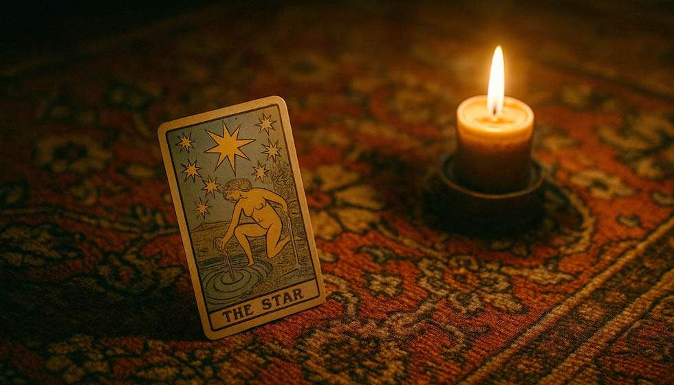 Carte de tarot posée seule au centre d’un tapis avec bougie allumée