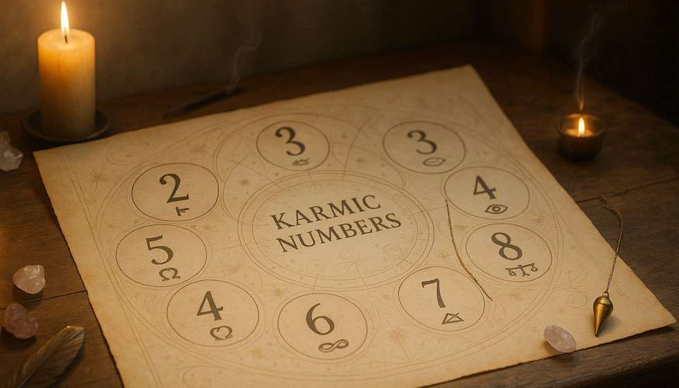 Tableau illustratif montrant les neuf nombres karmiques et leurs interprétations.