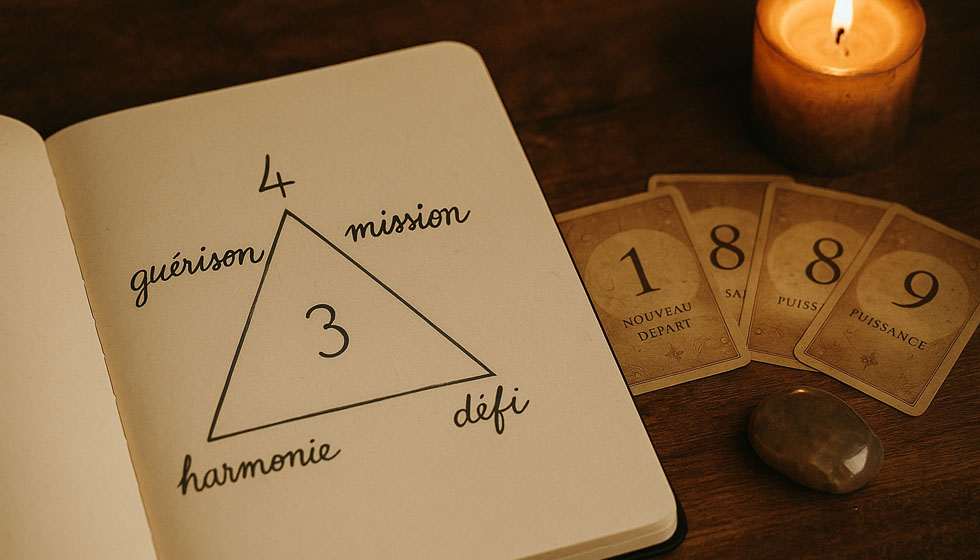 Carnet ouvert avec un triangle dessiné à la main, annoté de mots-clés liés aux chiffres, posé à côté d’un jeu de cartes numérologiques.