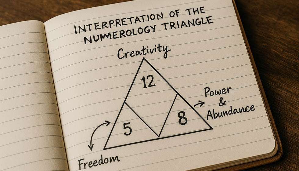 Carnet ouvert avec un triangle dessiné et des annotations symboliques.