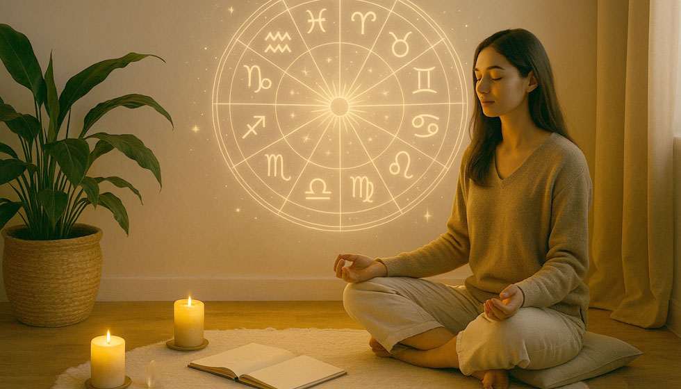Personne méditant devant une roue zodiacale lumineuse, dans une ambiance douce et introspective.