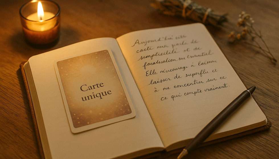 Journal ouvert avec une carte d’oracle collée à l’intérieur, accompagné de notes manuscrites.