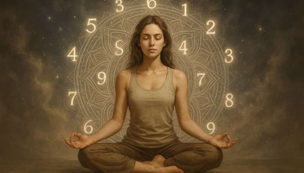 Femme méditant avec un mandala numérologique autour d’ell
