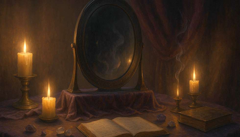 Miroir noir posé dans une pièce sombre avec reflets mystérieux.