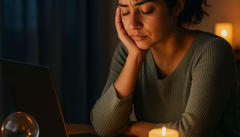 Femme pensive devant son ordinateur, prête à consulter un voyant par tchat