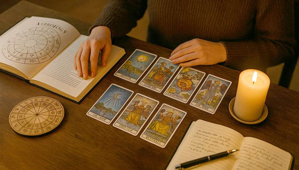 Personne concentrée devant un tirage de cartes, entourée d’un livre d’astrologie et d’une roue zodiacale