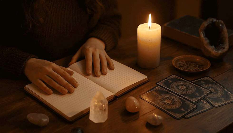 Autel spirituel avec cristaux, carnet et bougie, utilisé pour les rituels d’ancrage émotionnel avant une séance de voyance