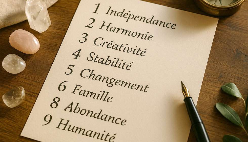 Tableau visuel illustrant les neuf chiffres avec leurs mots-clés énergétiques associés