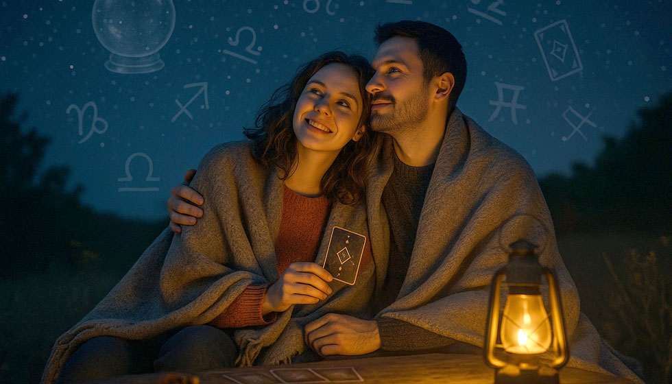 Couple regardant les étoiles dans une ambiance chaleureuse, symboles de voyance en surimpression.