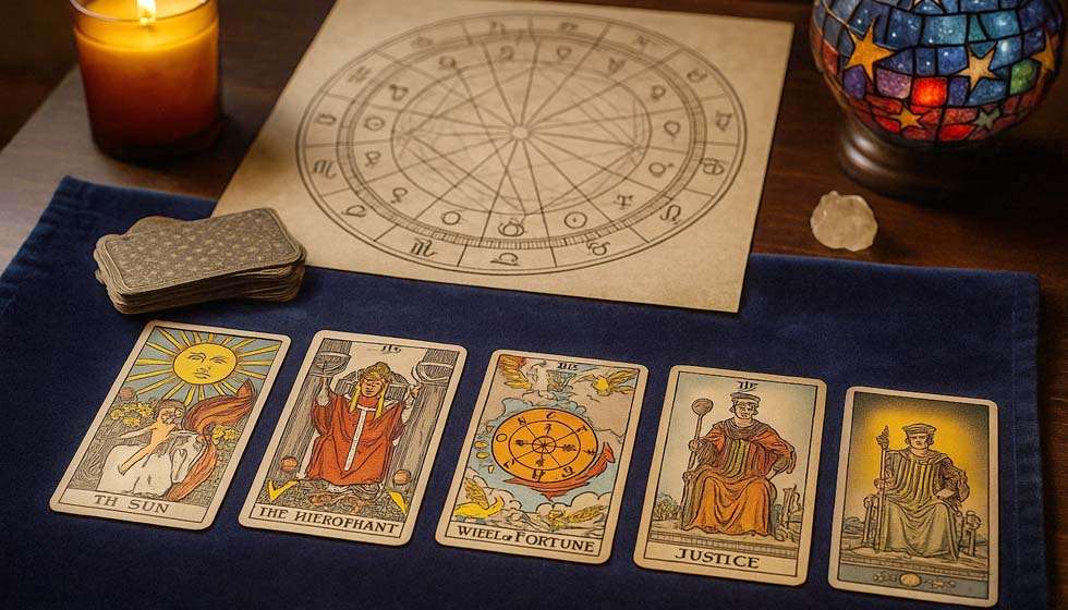 Tirage de tarot avec un thème astral en arrière-plan sur une table ésotérique.