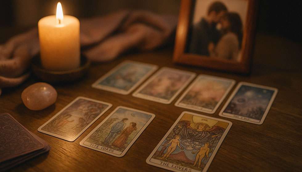 Table de voyance avec cartes de tarot, bougie et photo d’un couple floue en arrière-plan.