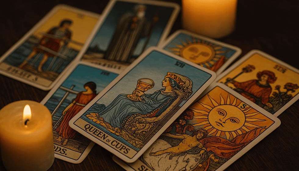 Carnet ouvert à côté de cartes de tarot, cristaux et encens, illustrant une séance introspective