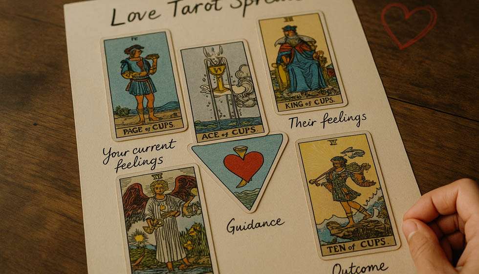 Tirage de cartes axé sur l’amour avec des annotations manuscrites.