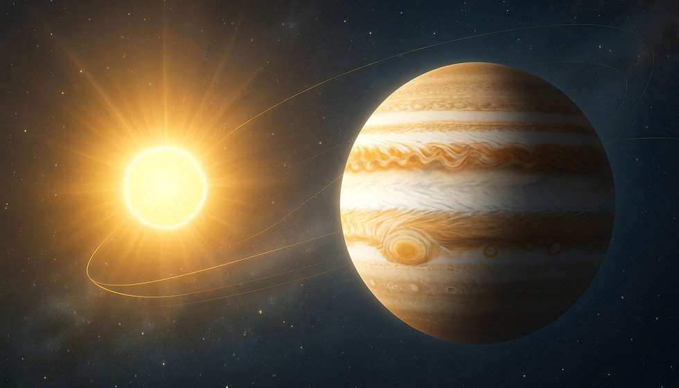 Planète Jupiter en orbite rapprochée du Soleil dans un ciel lumineux