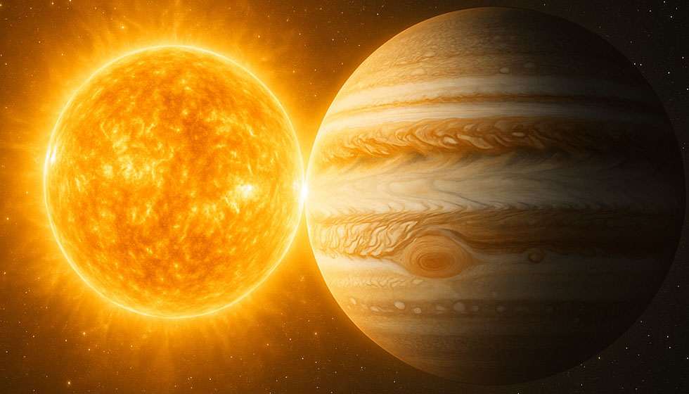 Planète Jupiter en orbite rapprochée du Soleil dans un ciel lumineux.