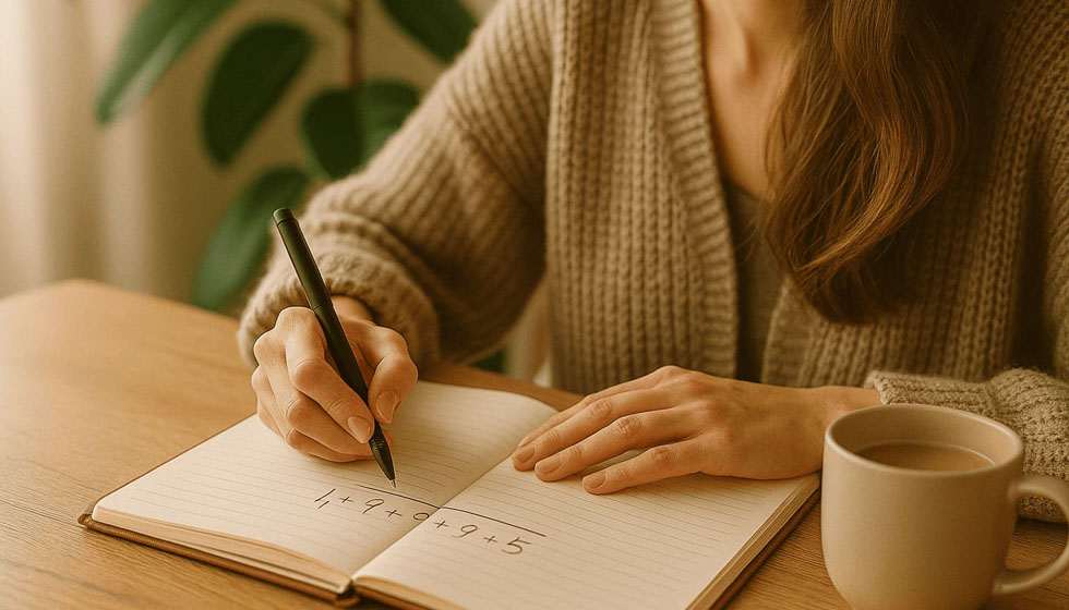Scène chaleureuse avec une personne écrivant dans un journal, lumière douce et ambiance introspective