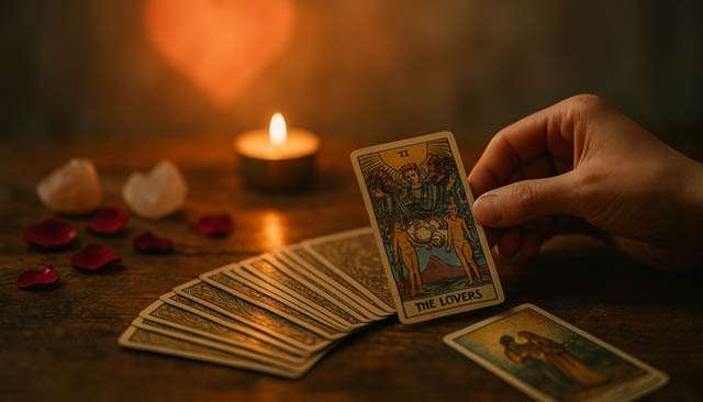 Main tirant une carte de tarot avec un cœur en fond.