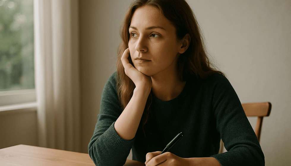 Jeune femme pensive assise à une table, lumière naturelle sur son visage, regard lointain et inspiré